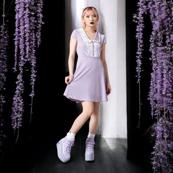 Killstar ✦ Every Mourning Lilac Velvet Dress ✦ Lace Collar Gothic Mini S NWT - Picture 1 of 11